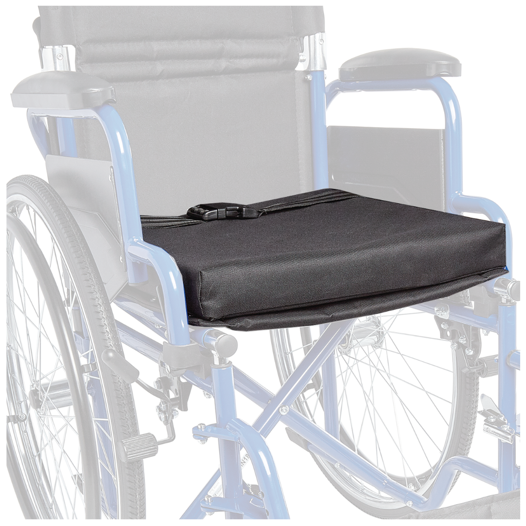 A Circle Specialty ZIGGO Wheelchair black seat cushion with strap is positioned on a blue wheelchair featuring black armrests and large rear wheels.